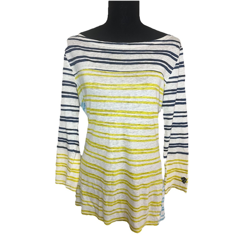 Tory Burch 100% Linen Yellow Blue Stripe Boat Neck Shirt Top Nautical MEDIUM